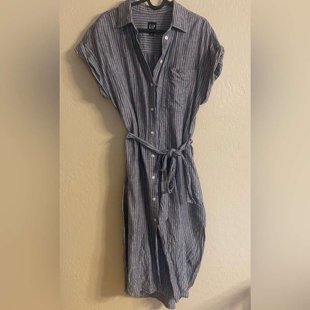 GAP Blue Striped Linen Midi Dress